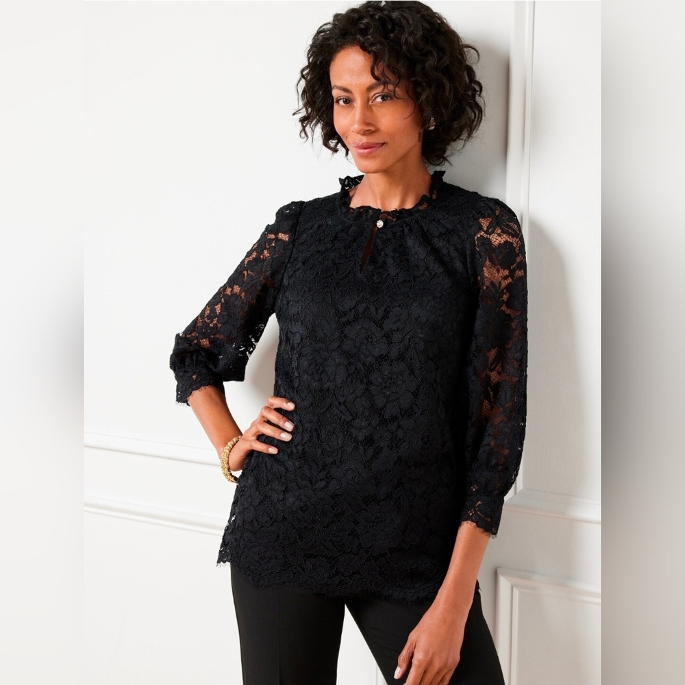 Talbots Ruffle Neck Minimalist Boxy Keyhole Rhinestone Lace Topsz L Petite NWT